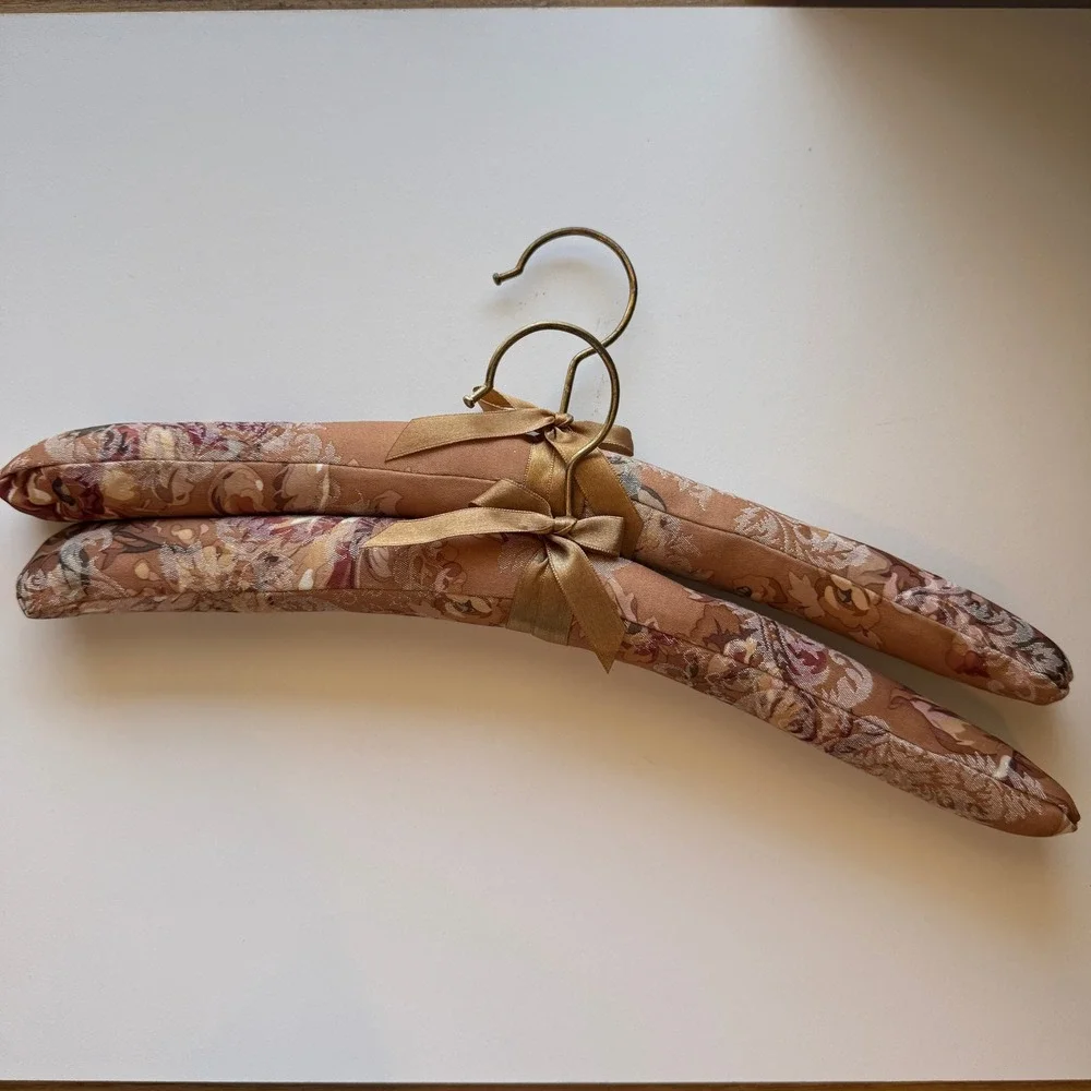 Vintage Floral Padded Hangers Set of 2 Bronze Gold Damask Satin Bow Brass Hook